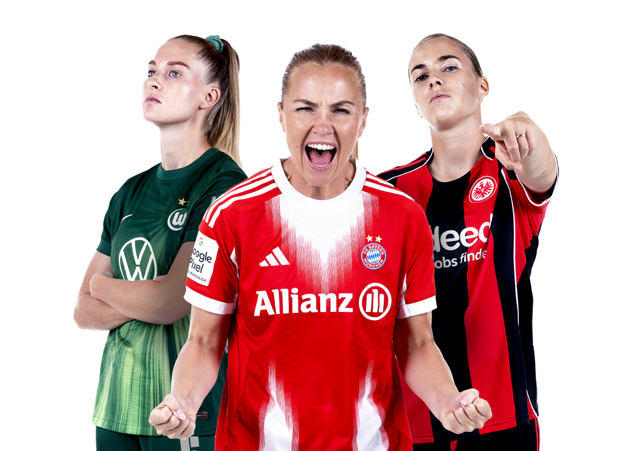 Drei Spielerinnen aus der Google Pixel Frauen-Bundesliga blicken fokussiert in die Kamera.